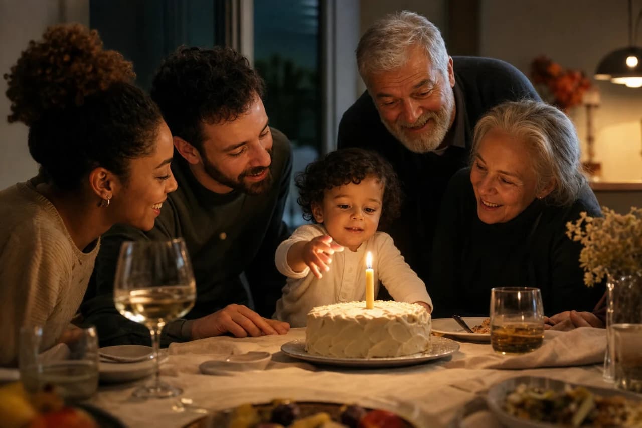 Parents and grandparents leaning in with a toddler at a first birthday cake.