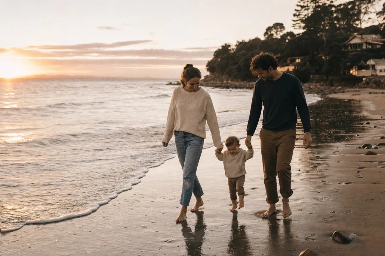 Parents walking with their toddler along the shoreline at sunset.