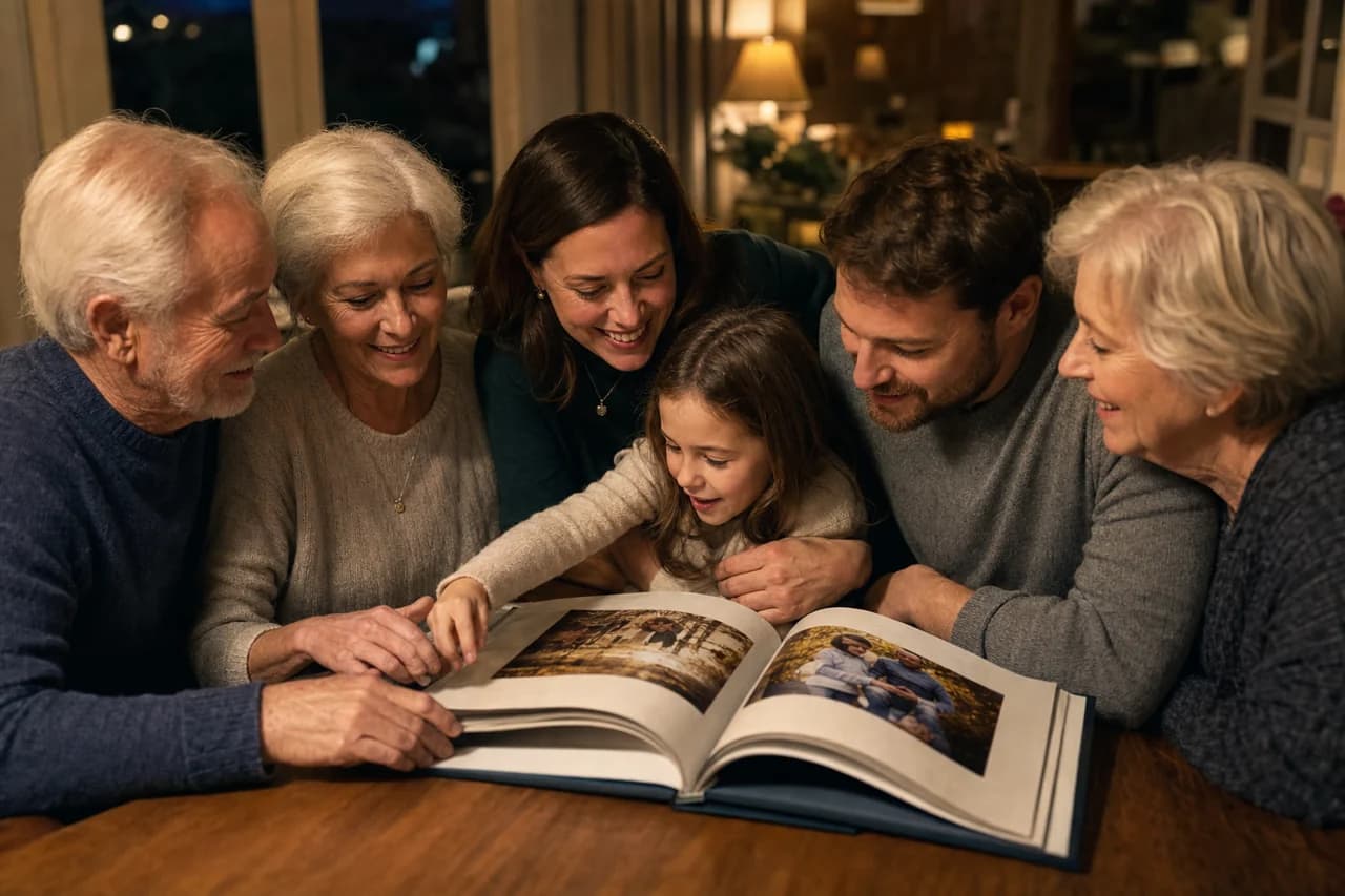 A multigenerational family gathered around an open photo book at the table.
