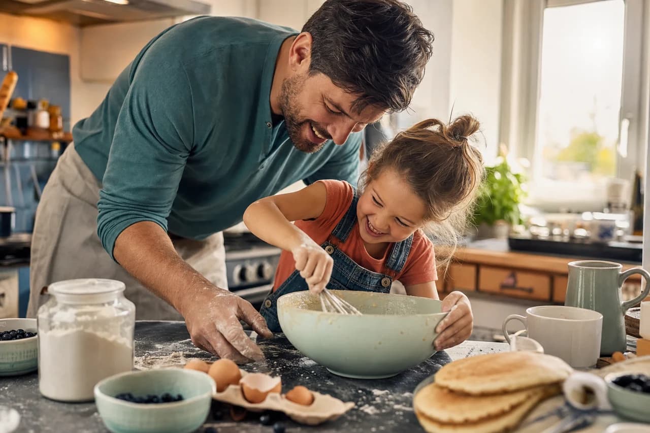 A father and daughter making pancakes together in a warm kitchen.