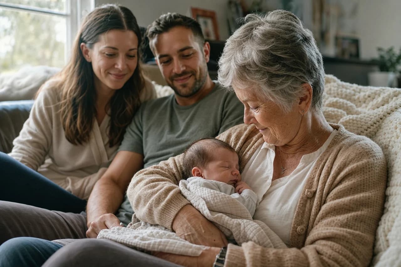 A grandmother holding a newborn while the parents sit nearby.