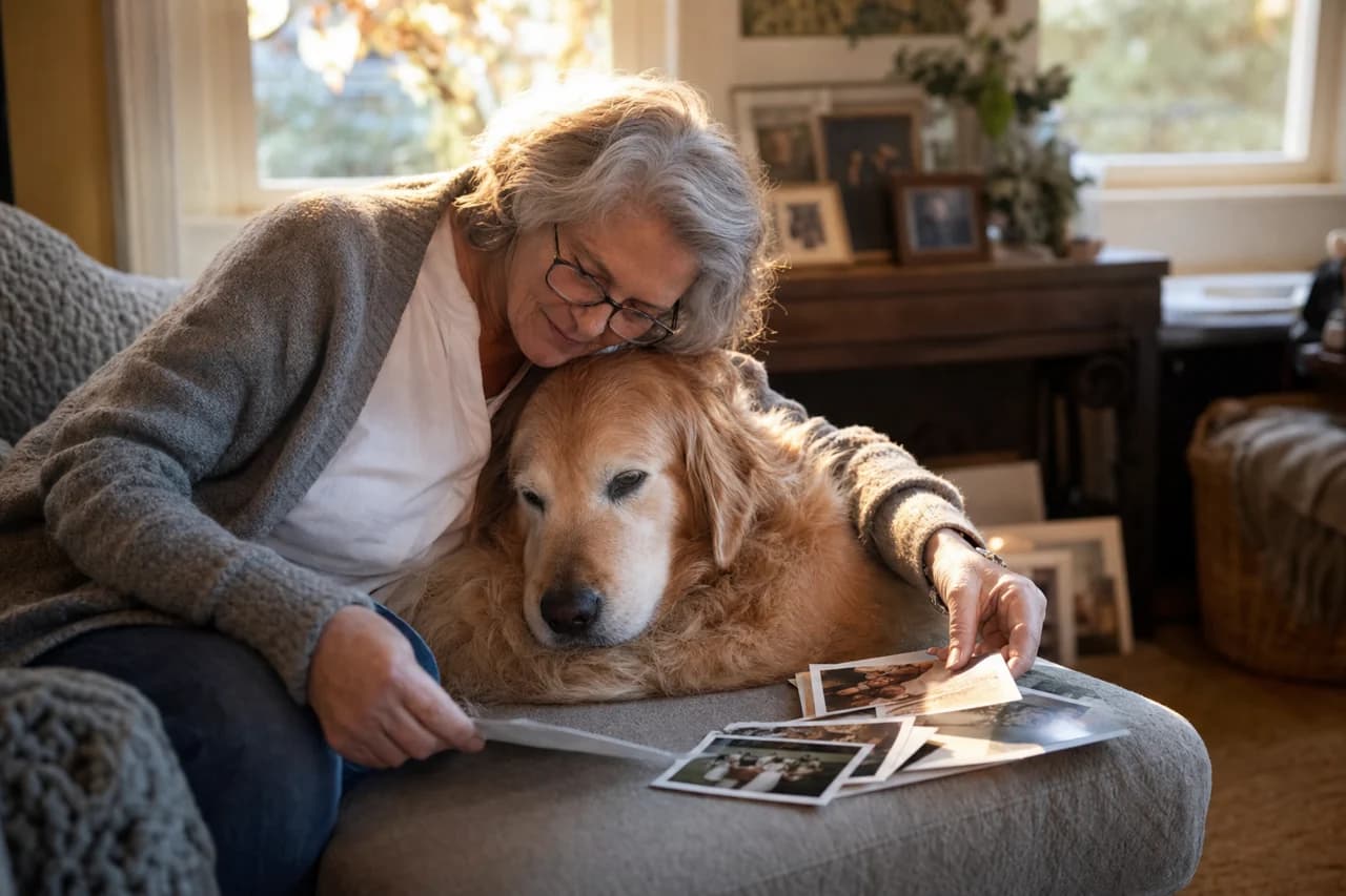 An older woman cuddling with a senior golden retriever beside printed photos.